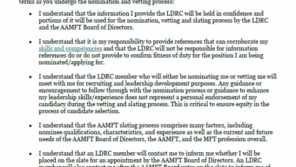 AAMFT Disclaimer for the Nomination and Vetting Process – AAMFT+